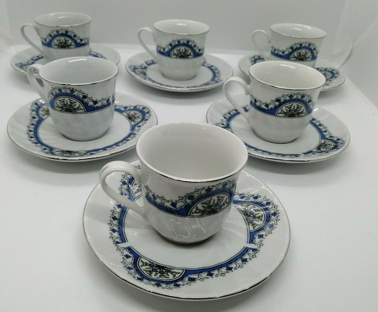 Set 6 espresso coffee cups & saucers vintage Chinese porcelain Blue ...