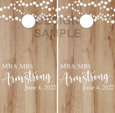 Mr Mrs Last Name Wood LAMINATED Cornhole Wrap Bag Toss Skin Decal