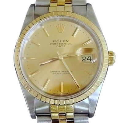 Mens Rolex Date 18K Yellow Gold Stainless Steel Watch Jubilee Champagne 15223
