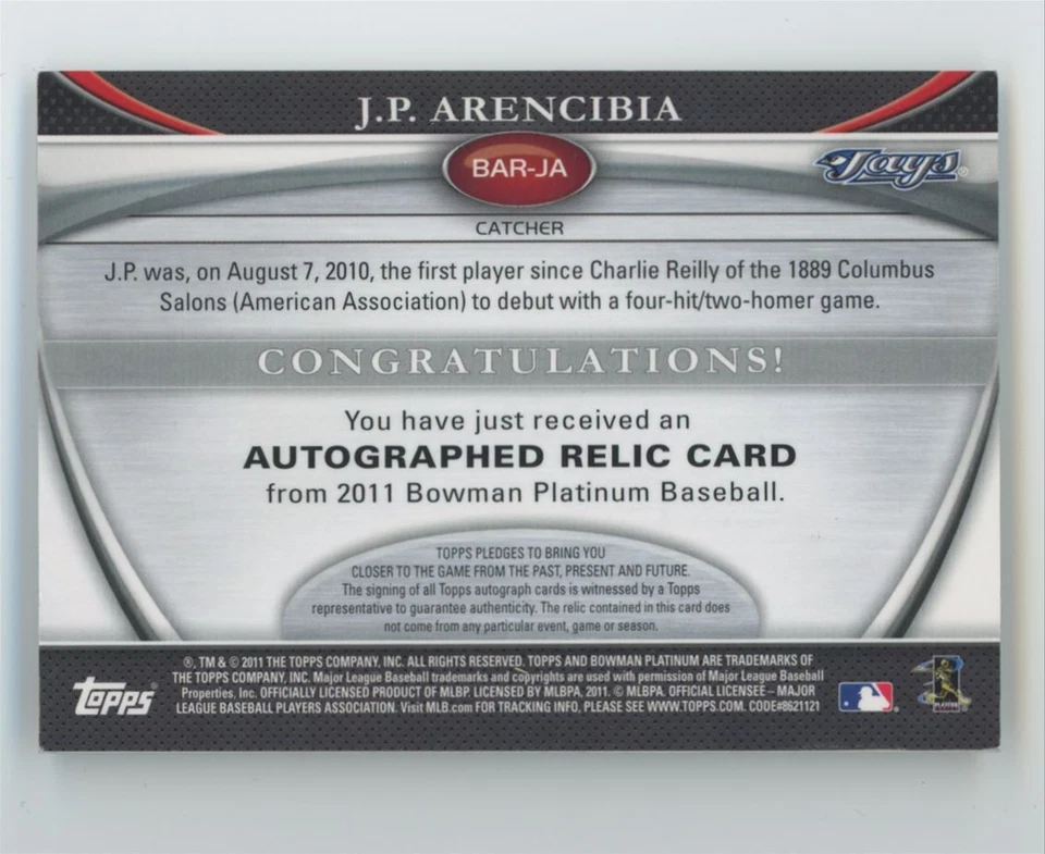2011 Bowman Platinum Relic Autograph Refractors 219/666 J.P. Arencibia 219/666 - Image 2 of 2
