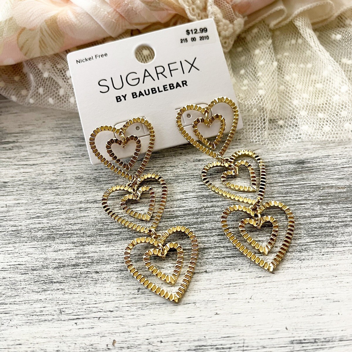 New Sugarfix By Baublebar Gold Stacked Heart Dangle Drop Earrings