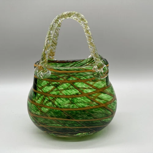 Vintage Murano Style Hand Blown Studio Art Glass Purse Vase Handbag Green Gold