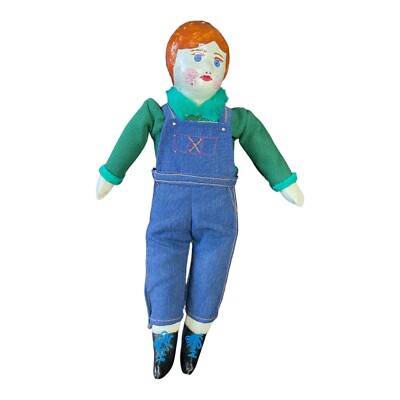 Folk Art Doll Vintage Homemade 12.5'' Paper Mâché Girl Red Head Hand Painted
