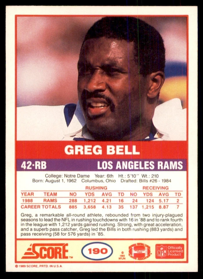 1989 Score Greg Bell Football Cards #190 - Image 2 of 2