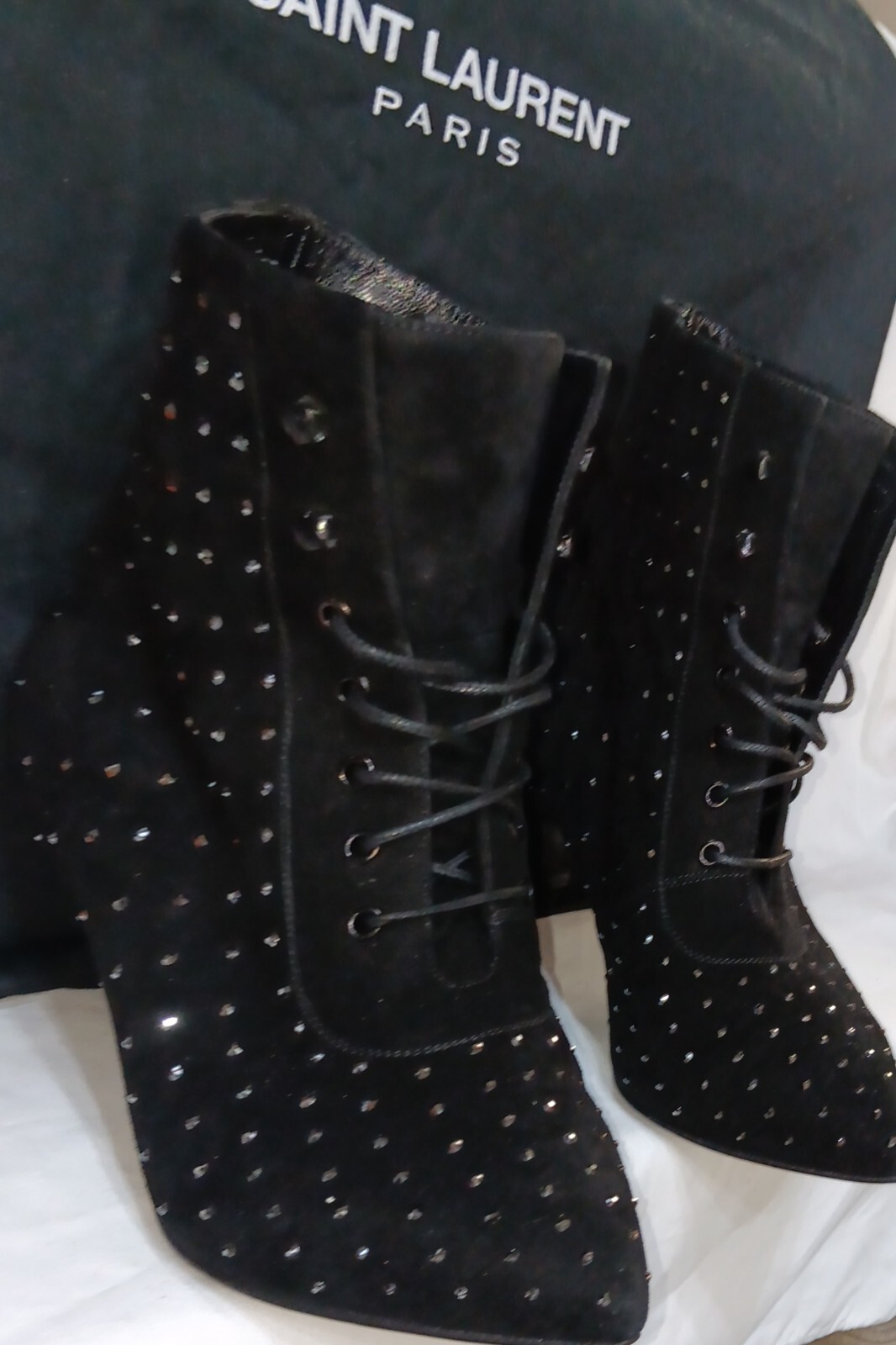 Stivali stringati Saint Laurent Cat 50 neri scamosciati impreziositi da cristalli taglia 36 1 2