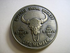 Vintage American Indian "Buffalo Skull Society Life Member" Brass 3" Buckle