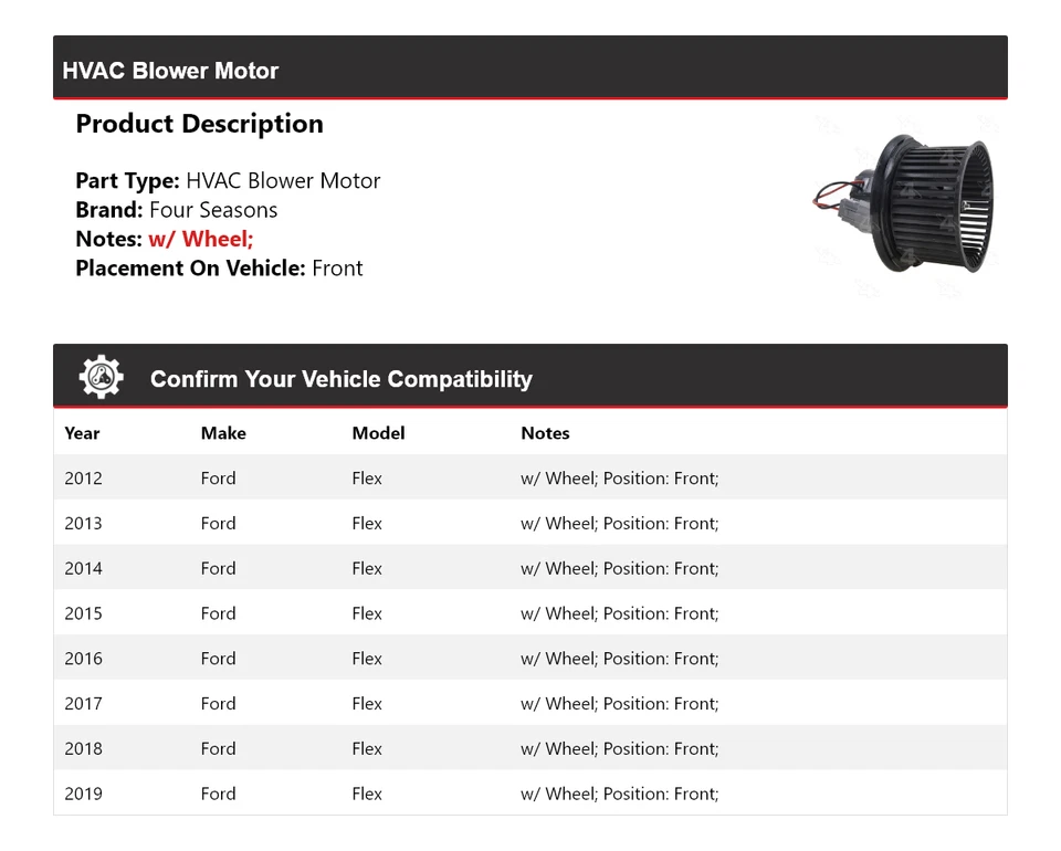 For 2012-2019 Ford Flex HVAC Blower Motor Front 4 Seasons 2013 2014 2015 2016 - Image 2 of 4