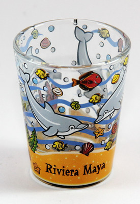 RIVIERA MAYA MEXICO JUMPING DOLPHINS BOTTOM DESIGN SHOT GLASS 