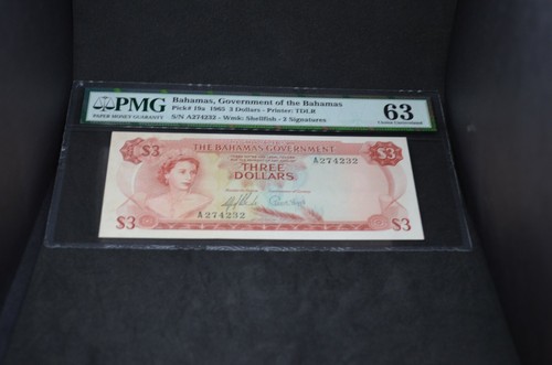 PMG Graded Bahamas, Government of the Bahamas Banknote p19a 1965 $3 UNC