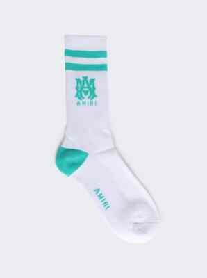 Amiri White TEAL M.A. LOGO Crew Ribbed Socks Size 43-44 ( Size 10