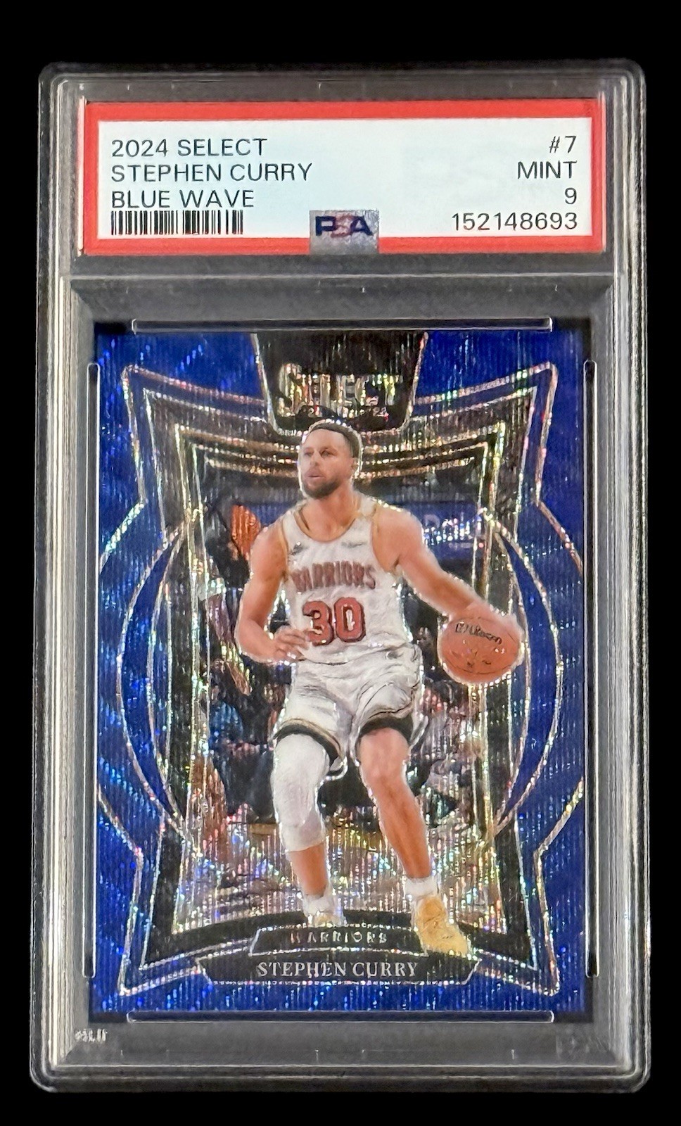 Stephen Curry 2024-25 Panini Select #7 Blue Wave Prizm #’d/75 PSA 9 MINT