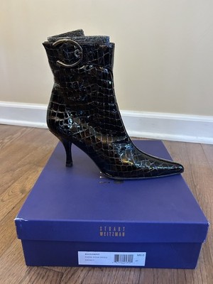 Stuart Weitzman Buckleboot Fudge Sioux Croco Patent Ankle Boots Women's 9 NIB