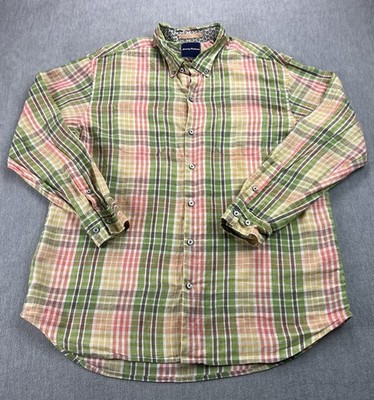 Tommy Bahama Shirt Men s XL Oxford Linen Blend Button Plaid Multicolor Vacation