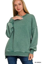 ZENANA DK GREEN ACID WASH FLEECE HI-LOW HEM PULLOVER SWEATSHIRT WITH POCKETS