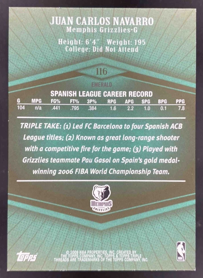 Juan Carlos Navarro 2007-08 Topps Triple Threads Emerald RC /33 #116 Grizzlies - Image 2 of 4