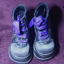 Women Black Platform Ankle Boots Purple Lace-Up Side Zipper Studded Eyelets