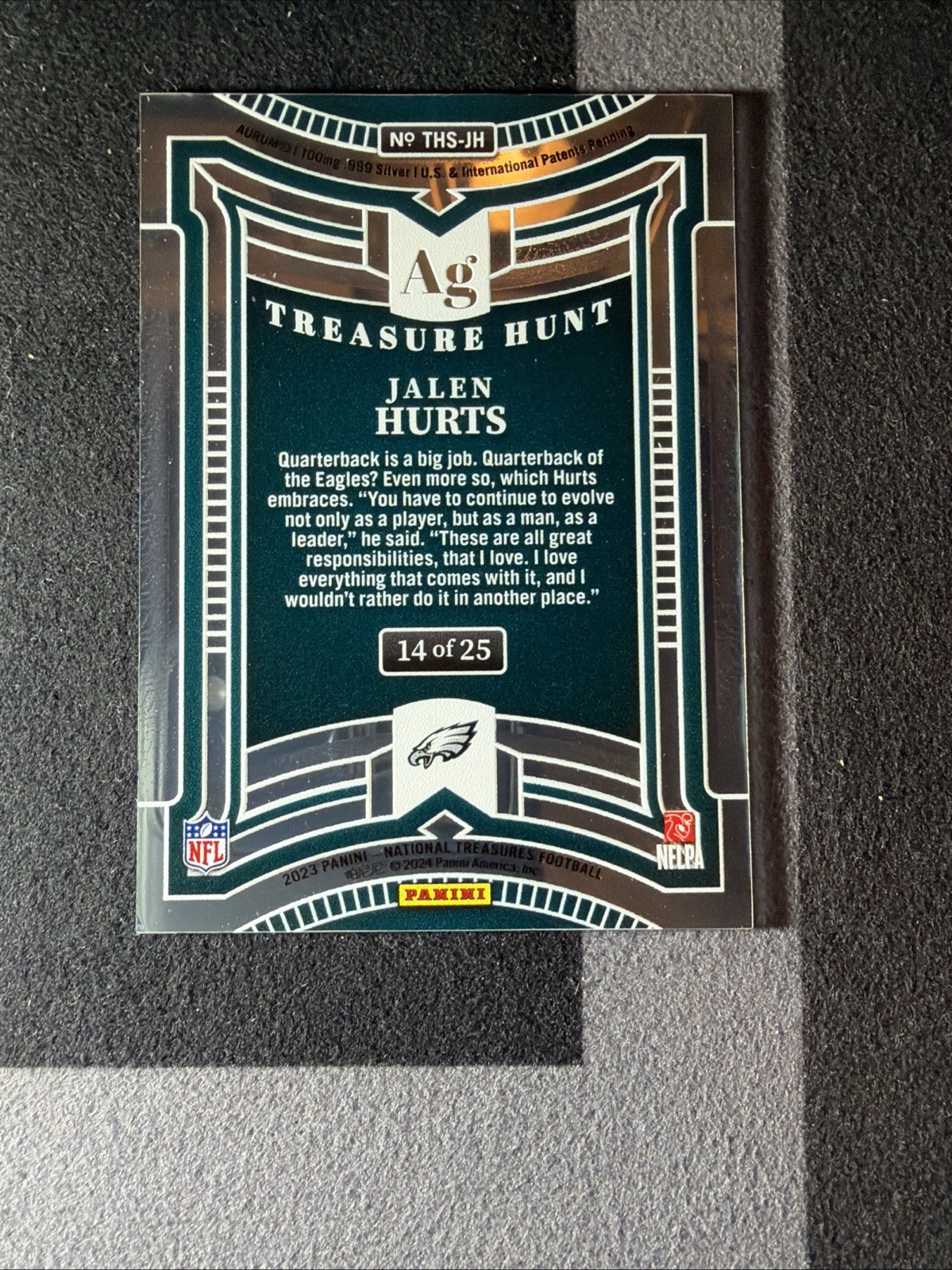 2023 National Treasures Jalen Hurts Treasure Hunt CASE HIT #14/25 100mg Silver view 2
