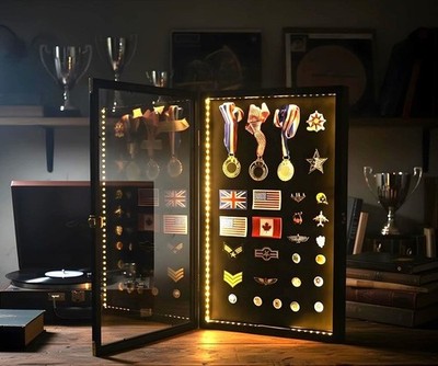 Pin Ribbon Medal Display Case 25 x 16 LED Light Badge Lapel Wall Cabinet Frame
