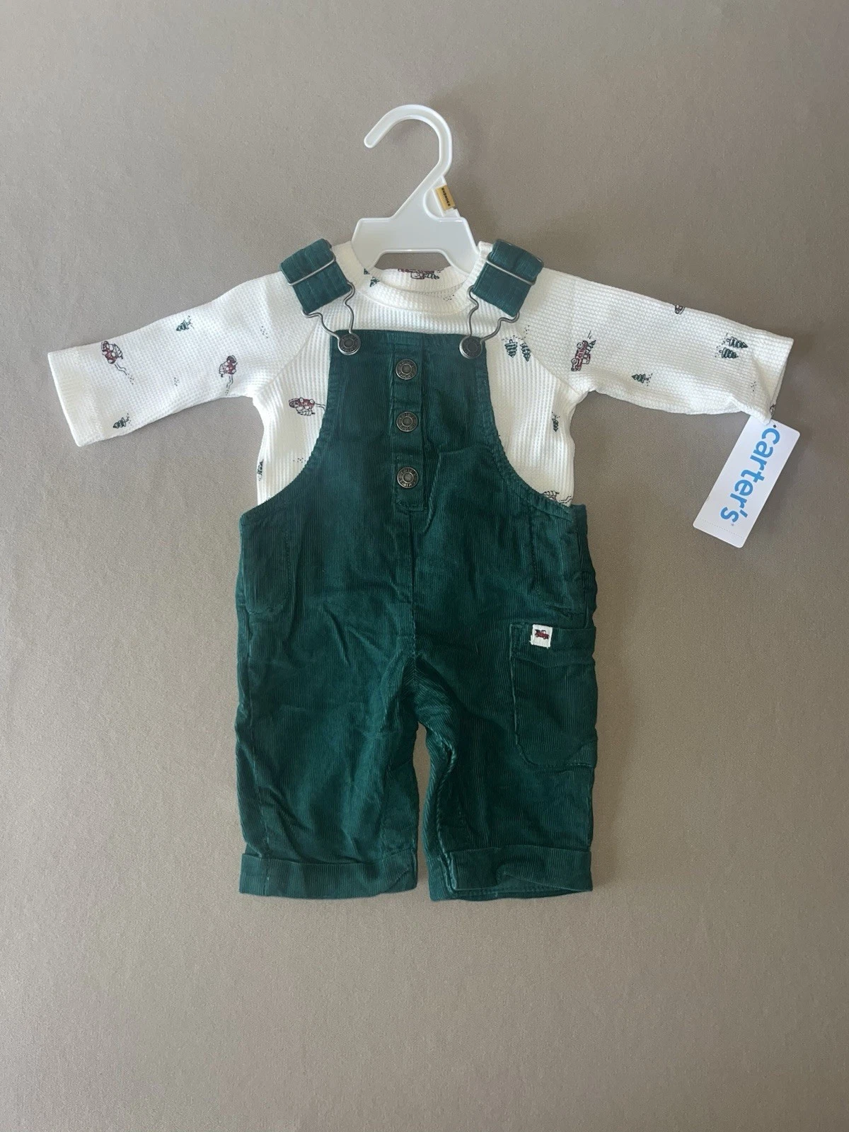 Carter’s Baby Boys Newborn TWO Piece Green Corduroy Overalls & Top Outfit, New!