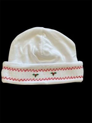 Kissy Kissy Premier NWT Christmas What/Red Smocked Embroidered Hat-0-3Mos