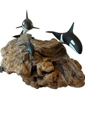 Vintage Handcrafted John Perry Ocean Orca Killer Whale Sculpture On Burlwood