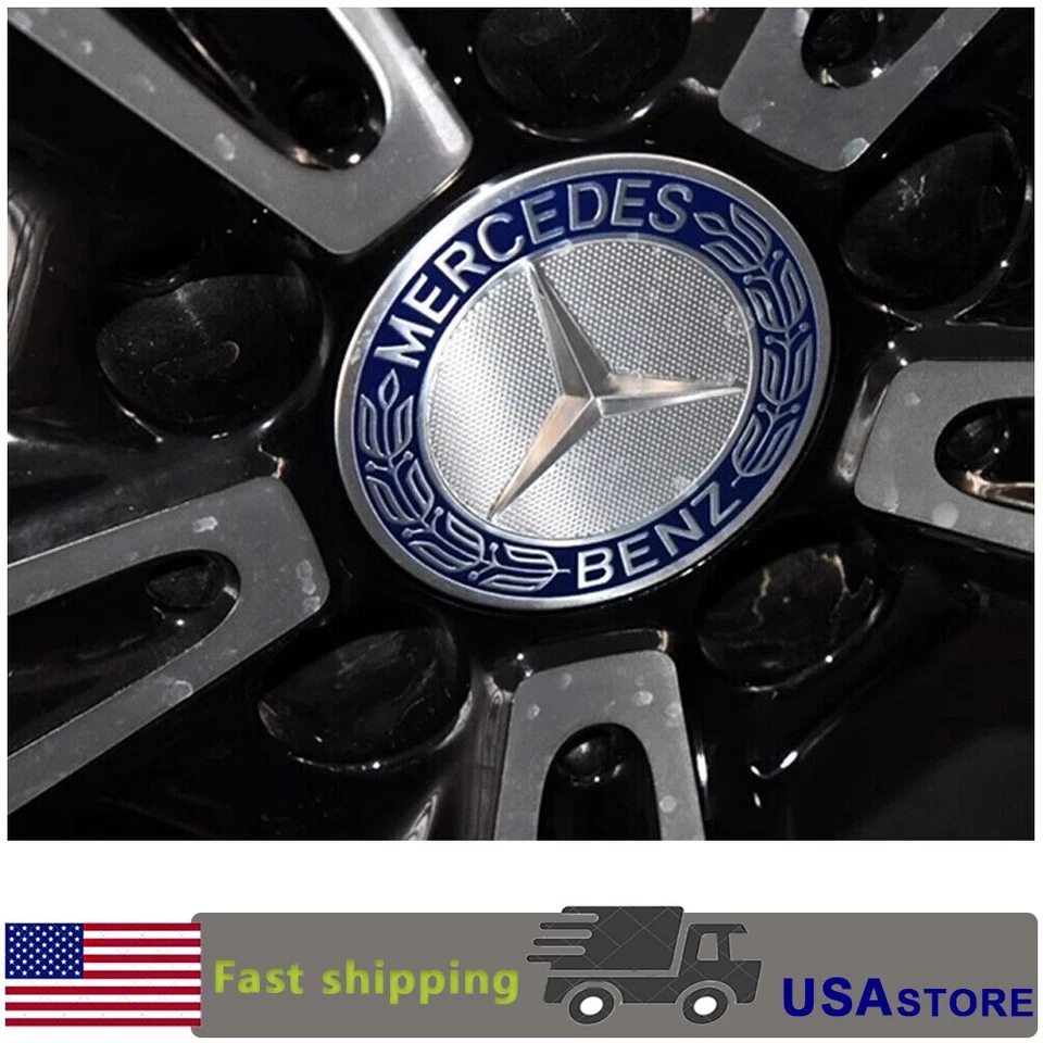 SET OF 4 Mercedes-Benz 75MM Classic Dark Blue Wheel Center Hub Caps AMG Wreath Foto 3 de 4