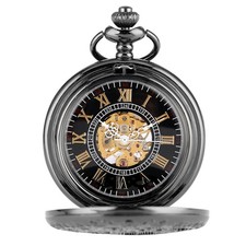 Vintage Style Gear Roman Numerals Hand Wind Mechanical Pocket Watch Chain Unisex