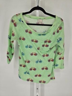 Anthropologie Postmark Banter Tee mint green Bike Bicycle Print 3/4 Sleeve
