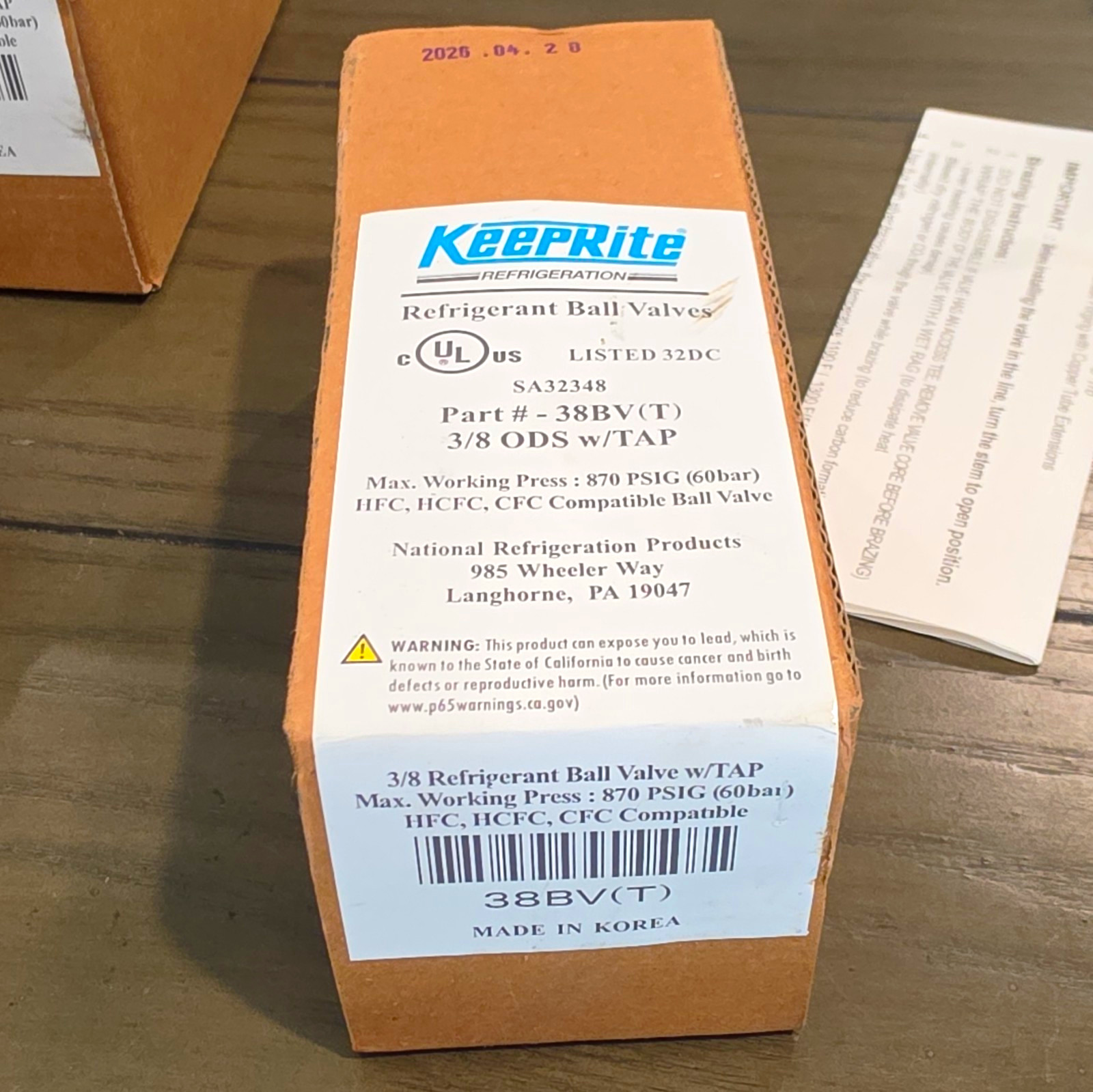 KeepRite Refrigeration Ball Valve 3/8 in ODS w/ Tap Brass/Copper 38BV(T)