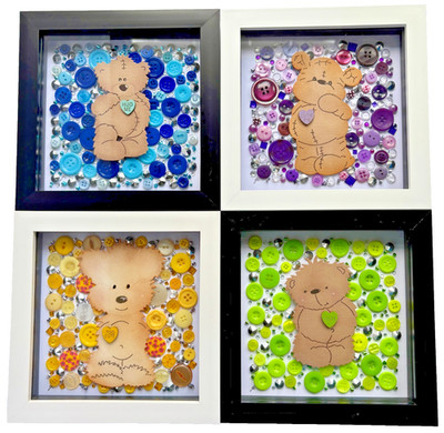 Teddy Bear Button Art 3D Framed Shadow Box Picture Gift 4 Unique Designs Nursery