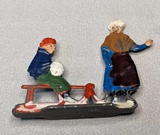 Vtg Hans Heinrichsen German Flat Lead Sledding Children Figure Girl Pulling Boy