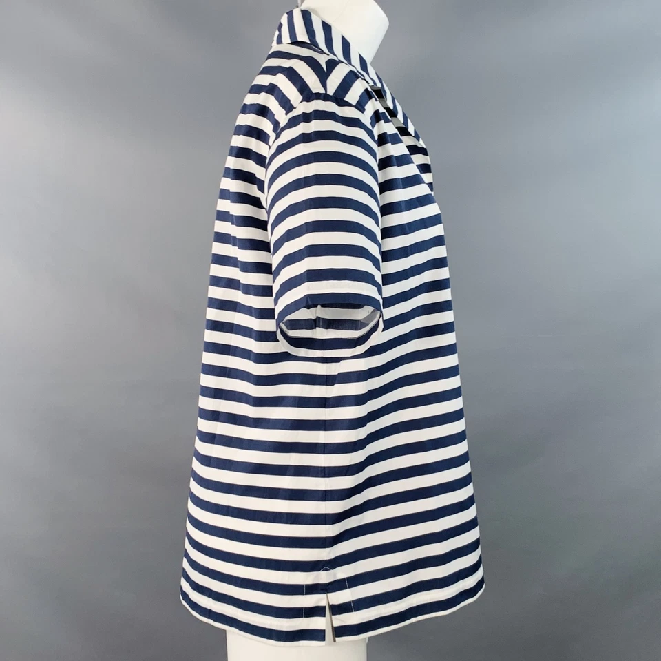 Blusa casual LORO PIANA tamanho 6 branca azul marinho listra de algodão um bolso - Imagem 2 de 4