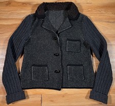 Prada Black White Wool Cashmere Birdseye Knit Faux Fur Collar Cardigan Sweater M