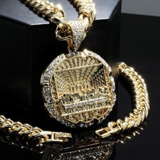 XL Last Supper Pendant Cubic Zirconia Iced Cuban Necklace Chain 14k Gold Plated