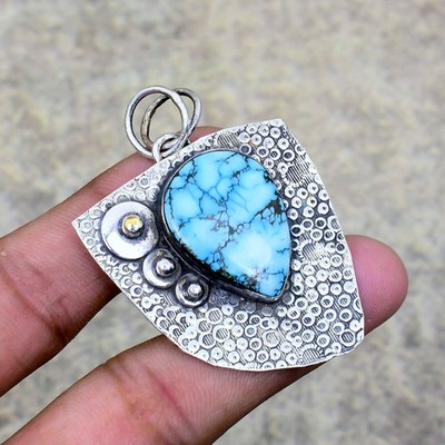 Nice Tibetan Turquoise Gemstone 925 Sterling Silver Jewelry Pendant 1.89''