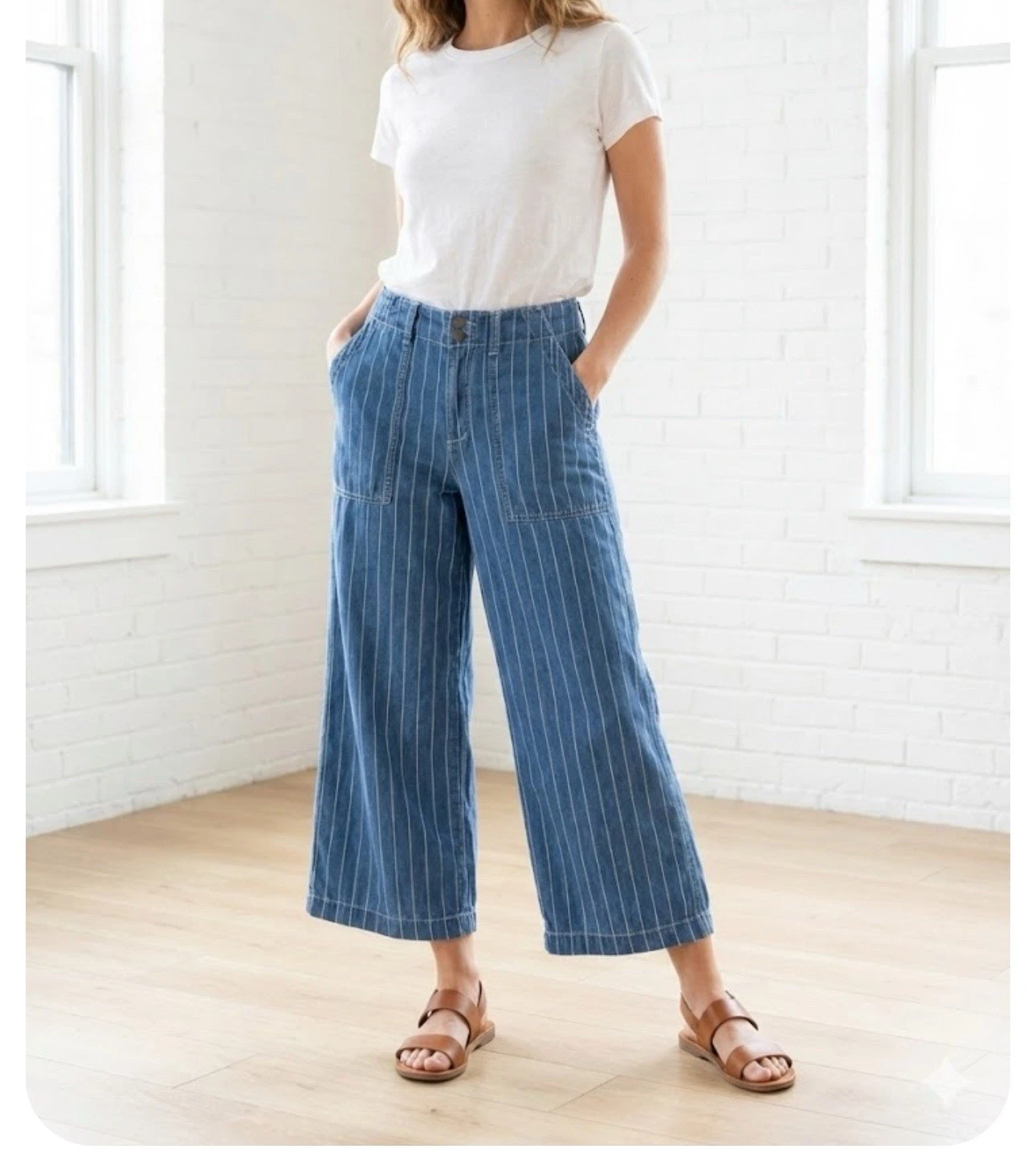 Seven7 Women's Size 8 Blue / White Pin Stripes High Rise Wide Capris Pant