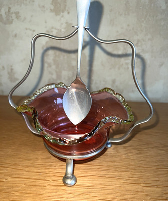 Vintage Cranberry Glas Marmeladenschale mit urangelbem Rand Silber Teller Ständer & Löffel