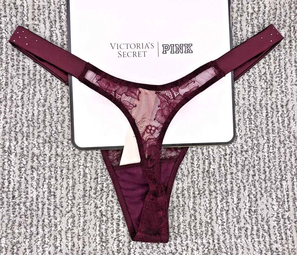 Victoria's Secret Sexy Nuevo con Etiquetas Grande Borgoña Encaje Disperso Brillo Correa Tanga Panty Foto 4 de 4