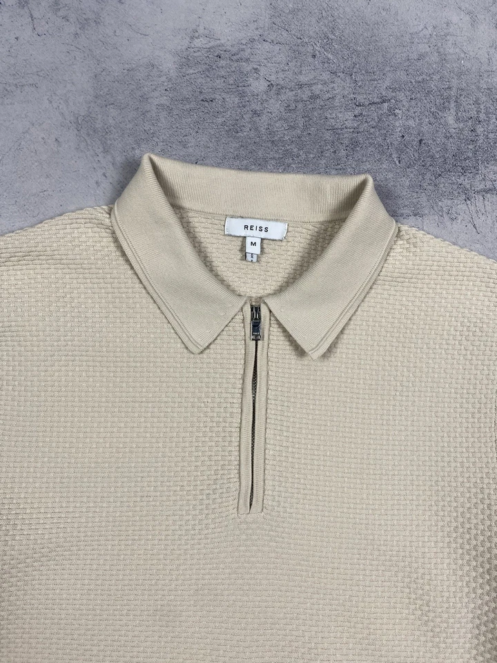 Reiss 1/3 Cremallera Polo Old Money Hombres Talla M Beige Manga Corta Lujo - Imagen 2 de 4