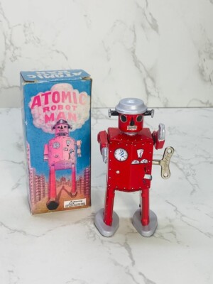 Schylling ATOMIC ROBOT MAN Red Tin Wind Up Collector Toy w Key 1997