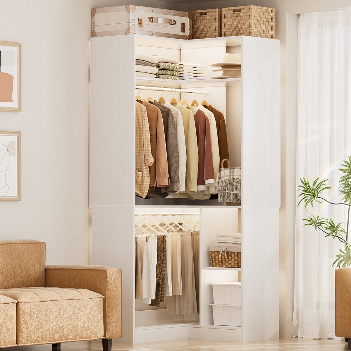 L Shaped Corner Closet Organizer System Garment Rack with Shelves
