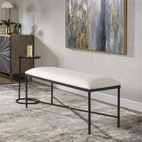 Uttermost Avenham Contemporary Iron and Fabric Bench in White/ Black - Picture 5 of 6