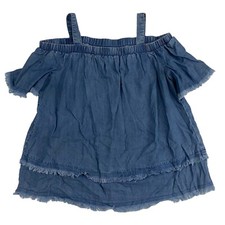 Rafaela Blue Chambray Cold Shoulder Blouse Frayed Hem Short Sleeve PXS XSP