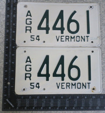 1954 54 VERMONT VT AGRICULTURE AGR FARM TRUCK LICENSE PLATE TAG PAIR SET # 4461