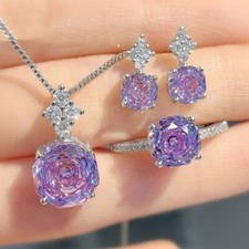 3pc Set Rose Cut Purple Amethyst Gems Charm Women Girl Silver Necklace Earrings