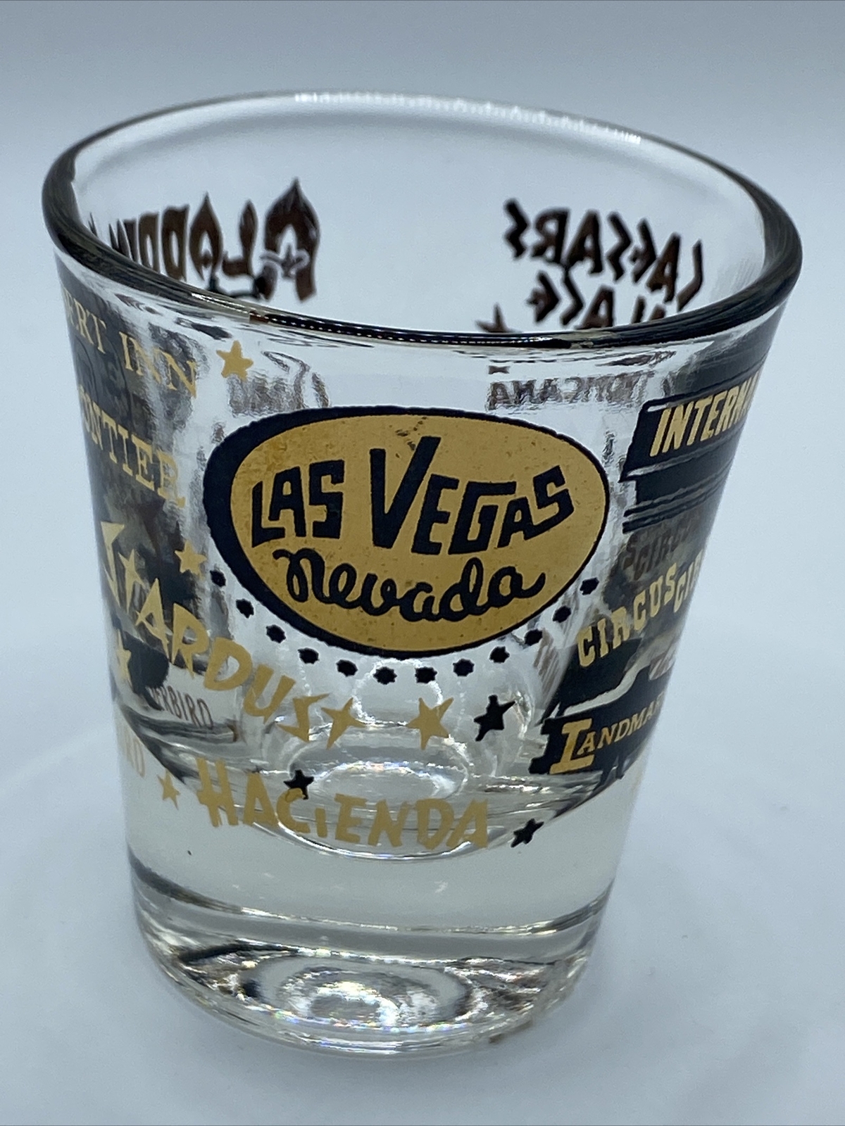 Vintage Las Vegas, Nevada Casinos Shot Glass Black and Gold on Clear