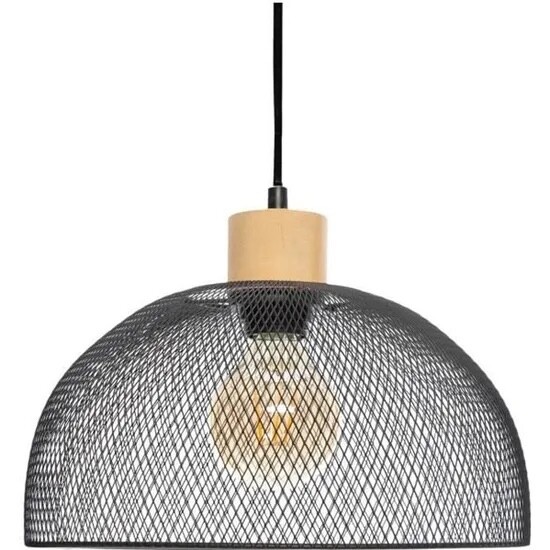 Suspension métal noir et bois D30 cm pour éclairage chaleureux de salle à manger