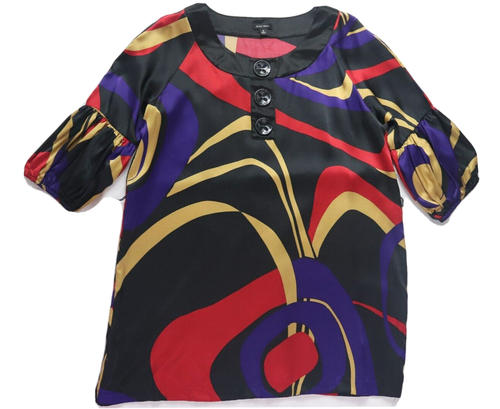 Nine West Women Teen 100% Silk Small Dress Tunic Long Top Black Purple Yellow - Picture 2 of 7