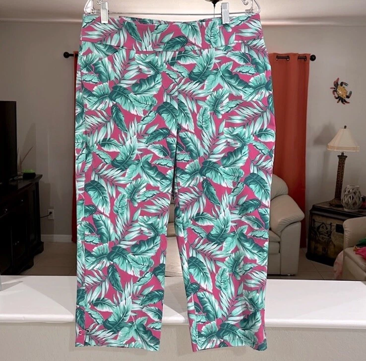 NWT Coral Bay Women’s Easy Care Pull On Stretch Tropical Pink Crop Pants Size 14