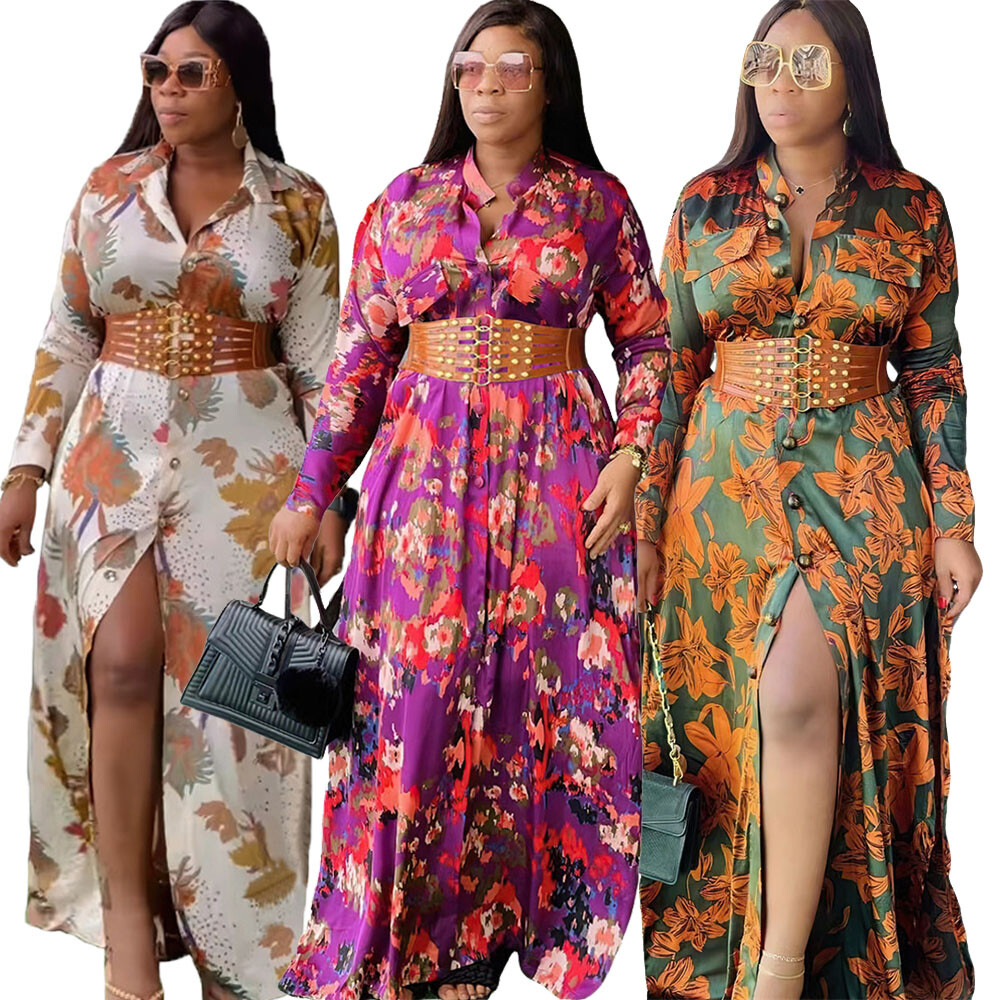 ladies floral shirt dress African Women Long Fashion Evening Party Gown Clothing GLGS3633